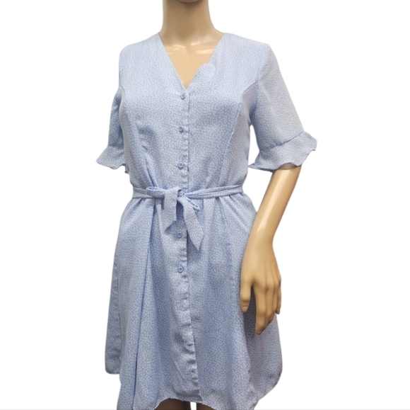 Lulu’s Castana Blue Print Button-Up Dress Short Sleeve - Picture 2 of 6